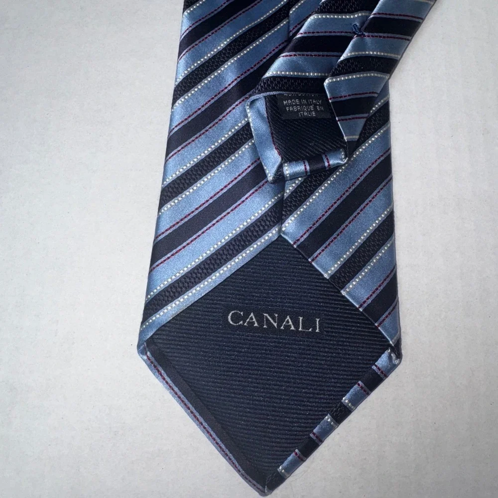 Canali Necktie Mens One Size Blue Striped Silk Made in Italy Luxury Designer